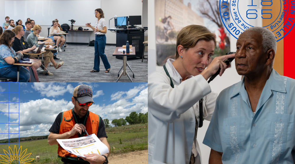 A collage of three images with a KU faculty member leading a classroom discussion, a field researcher collecting data outside on a sunny day, and a clinician performing an eye exam on a patient. A collage of three images with a KU faculty member leading a classroom discussion, a field researcher collecting data outside on a sunny day, and a clinician performing an eye exam on a patient.
