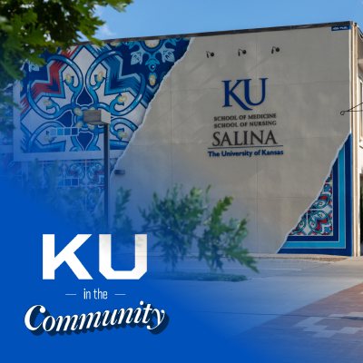 The exterior of KU’s Salina campus building with a blue “KU in the Community” graphic. The exterior of KU’s Salina campus building with a blue “KU in the Community” graphic.